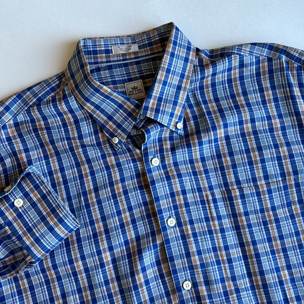 Peter Millar Blue Brown Plaid Cotton Long Sleeve Button Shirt Golf Men’s Size XL